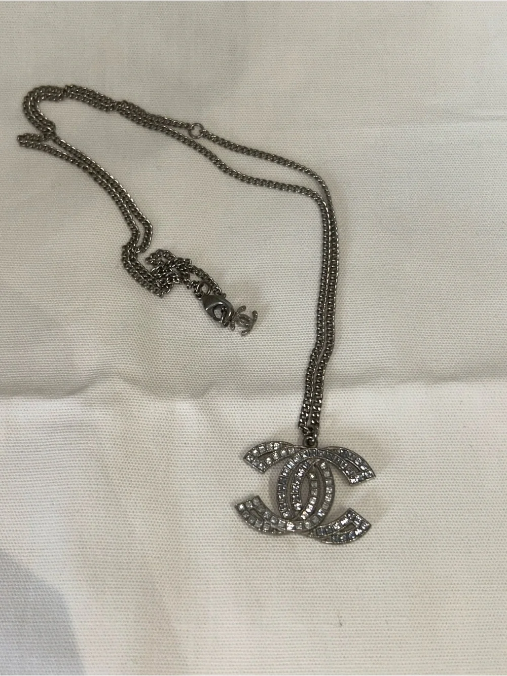 CHANEL Silver Crystal CC Drop Necklace